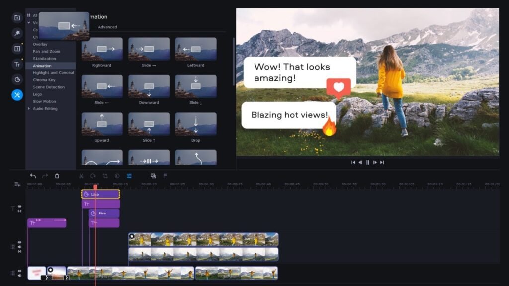 A video editing software interface showing a preview of a video clip with a person on a grassy hill and mountains in the background, overlaid with the text “Wow! That looks amazing!” and a heart emoji. The timeline below displays multiple clips with editing options like ‘Text’ and ‘Filter’