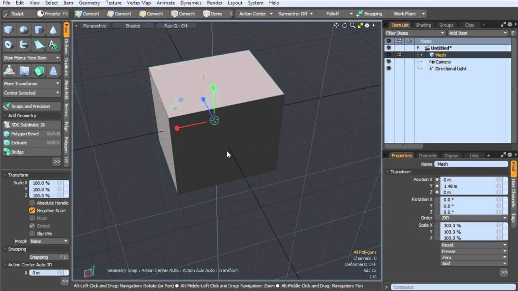 A 3D cube is displayed in a 3D modeling software interface. The cube is positioned in the center of the scene with axes visible for manipulation. Various toolbars and panels are present, including options for geometry, texture, animation, and rendering.