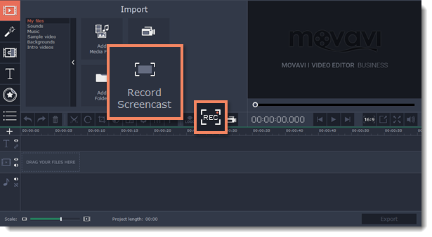 Movavi Video Editor Business interface in dark grey. The left toolbar has icons for importing media, adding titles, stickers, and transitions. The center shows a “Record Screencast” box with a camcorder icon and a smaller “REC” box. The timeline at the bottom is empty