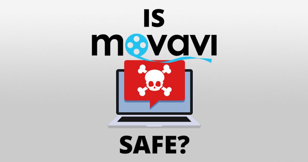 A graphic with the text “IS” at the top, followed by the “Movavi” logo with a blue swirl. Below is a laptop with a red screen displaying a white skull and crossbones, with a speech bubble containing the same icon. The word “SAFE?” is at the bottom. The background transitions from light gray to white