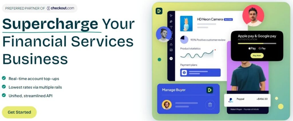 This image is a screenshot of the Checkout.com website. It features a vibrant design with a focus on their services for financial services businesses. The text "Supercharge Your Financial Services Business" is prominent, and a list of key features is highlighted, including real-time account top-ups, lowest rates via multiple rails, and a unified, streamlined API. The image also includes a visual representation of their platform, showcasing payment options like Apple Pay and Google Pay.