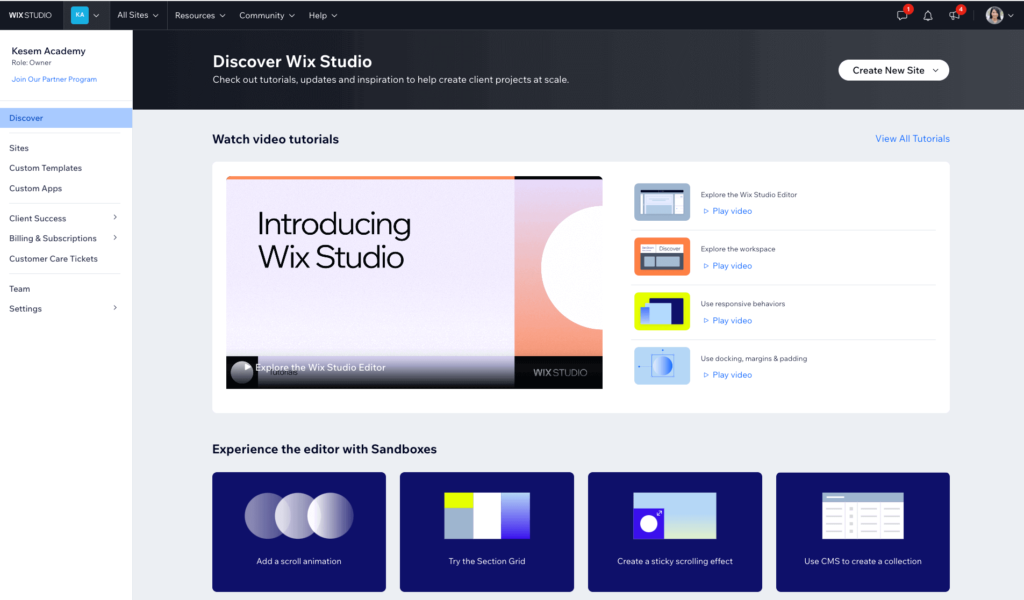  Screenshot of a web page for “Wix Studio” featuring a navigation menu on the left and a main content area with a video tutorial titled “Introducing Wix Studio.” Below the video are thumbnails for other tutorials like “Explore the editor” and “Set up your site.” The interface has a clean design with blue accent