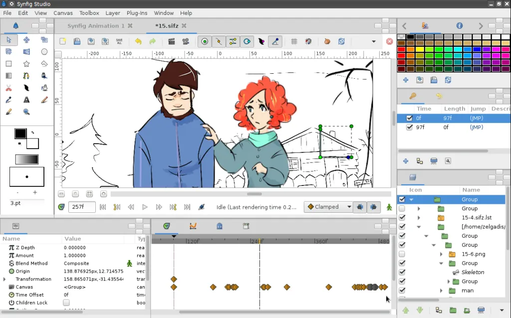 A digital illustration of a man comforting a woman. The image is open in the Synfig Studio software with various toolbars and layers visible.