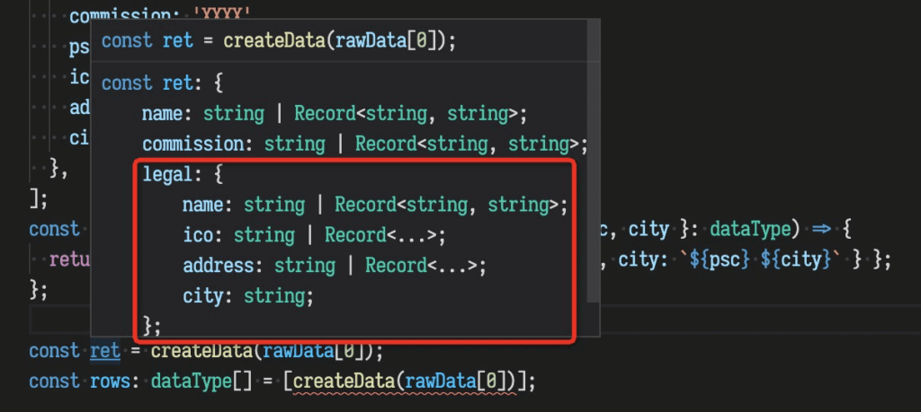 computer screen displaying JavaScript code in a development environment. The code includes functions and object properties, with a section highlighted in red focusing on an object definition with properties like ‘name’, ‘ico’, and ‘city’. The background is dark, and the text is in lighter colors such as white and blue.