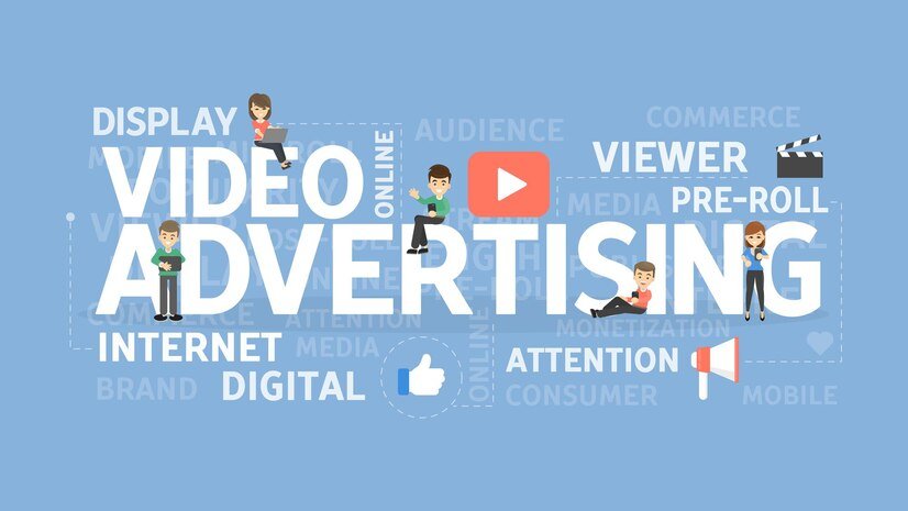 Illustration of video advertising concepts featuring keywords like display, digital, viewer, attention, pre-roll, and internet, with animated characters interacting with devices, emphasizing online video ads