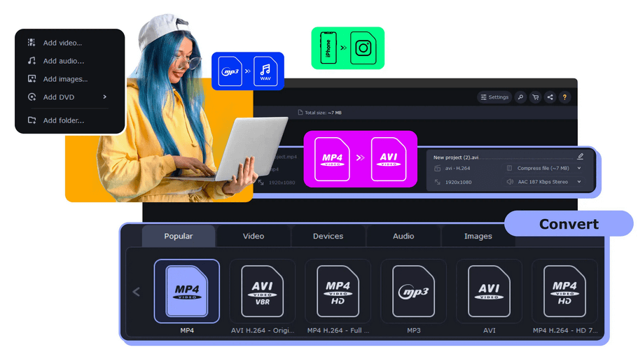 A video file conversion software interface in dark mode, highlighting file format options like MP4, AVI, and MP3 in purple. A central figure, with their face obscured, interacts with the software on a tablet. Icons above represent adding video, audio, images, and folders. The bottom section shows tabs for ‘Popular’, ‘Video’, ‘Devices’, ‘Audio’, ‘Images’ with various media formats and a blue ‘Convert’ button