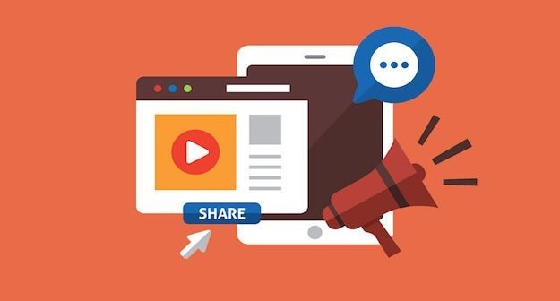 Illustration of a video marketing concept showing a browser window with a play button, a share button, and a megaphone icon, symbolizing online video content promotion and social media sharing on an orange background.