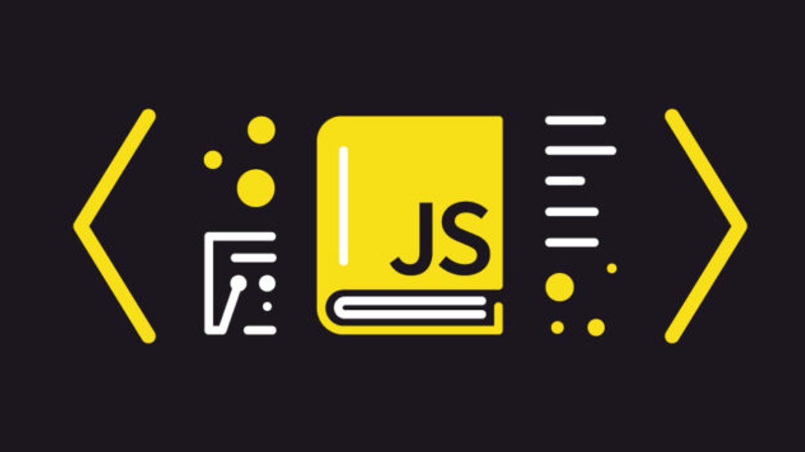 Graphic with a dark background featuring a large yellow square with ‘JS’ in bold, representing JavaScript. To the left, an icon resembling a document with lines of text, and to the right, an icon resembling an open book with lines, possibly indicating documentation or learning materials. The graphic is framed by two inward-pointing angle brackets (‘<’ and ‘>’)