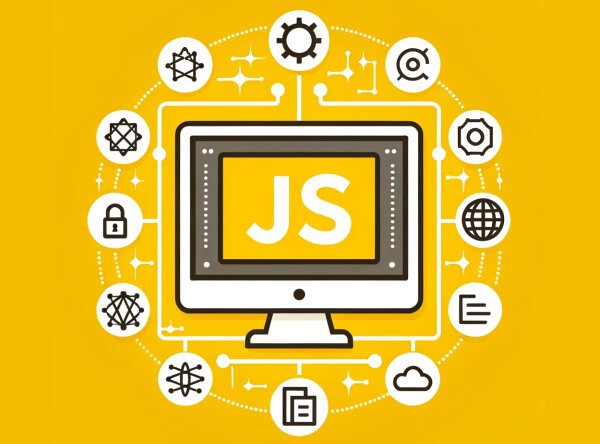 The image displays a computer monitor with the bold letters "JS" on its screen, representing JavaScript. Surrounding the monitor are various icons symbolizing different aspects of web development and programming, such as gears, locks, globes, and documents. The background is yellow, and connecting lines link the icons around the central monitor, visually highlighting JavaScript's role in a wide range of applications, from security to data processing. The design emphasizes JavaScript as a central tool in modern web development.
