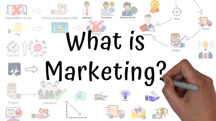  A hand holding a marker is writing the question “What is Marketing?” on a clear surface. Surrounding this central question are various colorful icons and illustrations representing different aspects of marketing, such as social media symbols, a pie chart, a light bulb, people figures, currency symbols, and gears. These elements suggest the complexity and multifaceted nature of marketing.