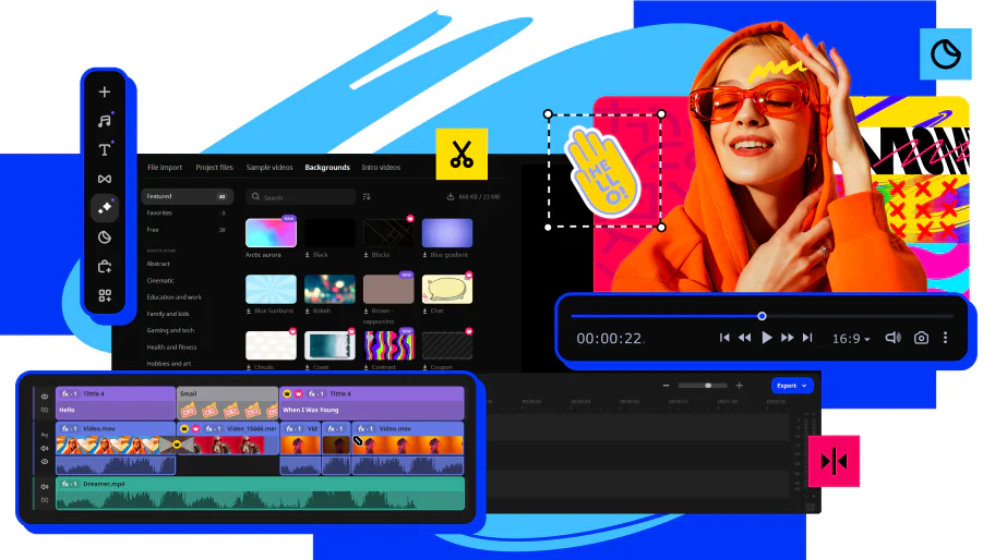 Movavi Video Editor interface showcasing editing tools, media timelines, background options, and a vibrant visual project featuring a person in an orange hoodie with stickers and effects applied.