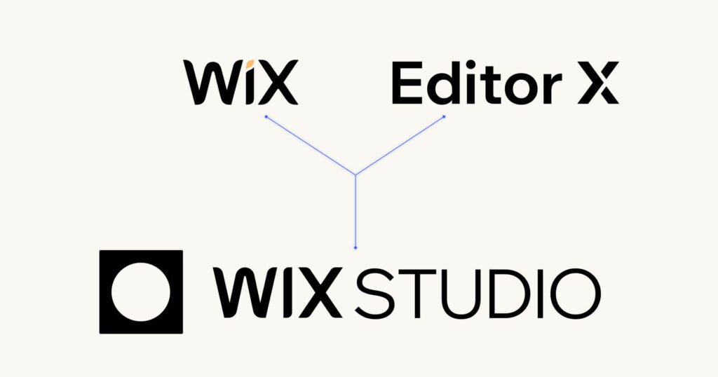 Logos of Wix products: ‘WIX Editor X’ at the top, and ‘WIX STUDIO’ below, connected by a blue line