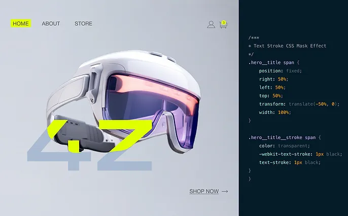 Web design interface showing a white ski goggle with purple lenses, a yellow number seven, and a code editor with HTML and CSS snippets demonstrating a text stroke CSS mask effect.