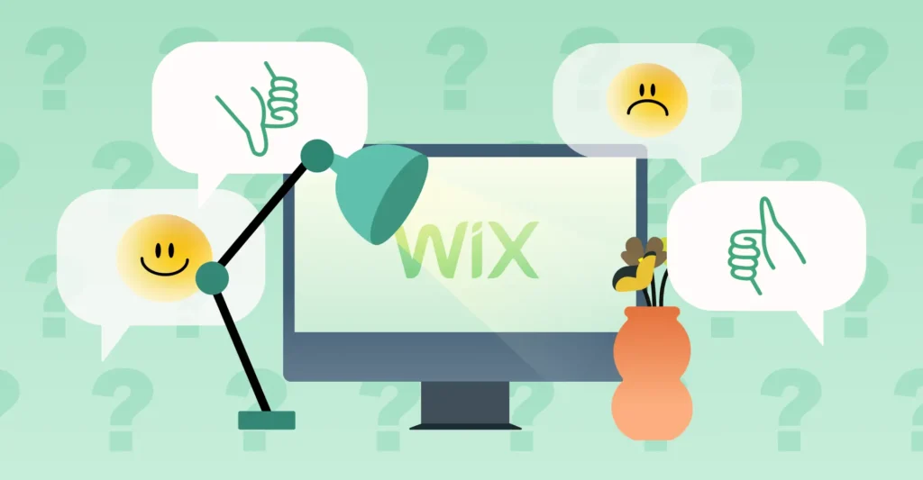 Stylized illustration of a desktop computer monitor with the word “WIX” on the screen, surrounded by speech bubbles with symbols like thumbs-up, thumbs-down, question mark, and unhappy face emoji. A desk lamp is attached to the left side of the monitor, and a vase with flowers is on the right. The background is light green with scattered question marks