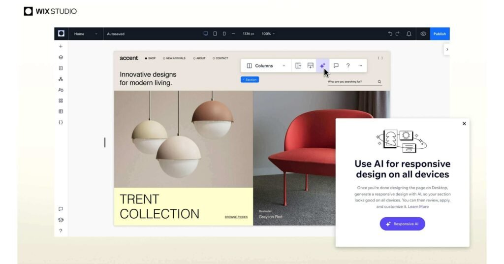 Web design interface from WIXSTUDIO showing a modern living room preview with a red armchair and hanging lamps, navigation bar at the top, editing tools on the right, and an AI advertisement for responsive design on all devices