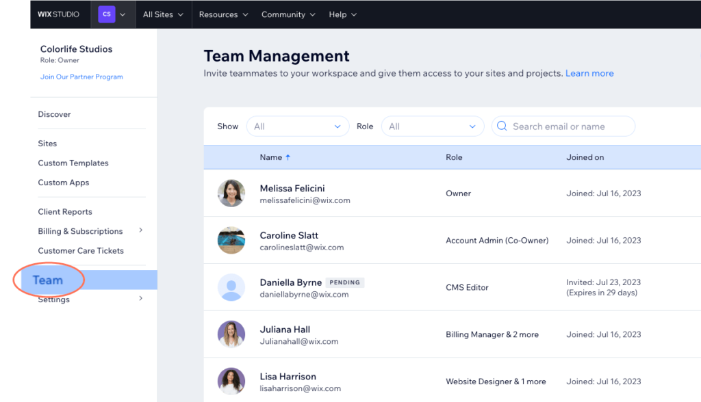 web interface for team management, showing a navigation menu on the left with options such as “Site”, “Customer Tickets”, and “Teams” highlighted. The main panel displays a table titled “All Team Members” with columns for Name, Role, Email, and Joined on date. There are five team members listed with their respective roles such as Owner, Account Admin, CMS Editor, and Designer. The interface has a clean design with blue accents.