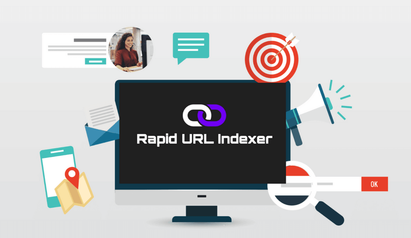 A computer monitor displaying the Rapid URL Indexer logo, surrounded by icons representing various online marketing activities, such as social media, email marketing, and search engine optimization." This description provides a clear and concise explanation of the image's content, making it accessible to users who rely on screen readers or have visual impairments.