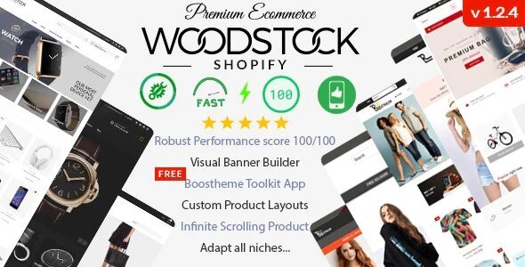 This image promotes the Woodstock Shopify theme, a premium ecommerce theme with a robust performance score of 100/100. It highlights the theme's key features, including a visual banner builder, Boostheme Toolkit App, custom product layouts, infinite scrolling product, and adaptability to all niches. The image also emphasizes the theme's fast loading speed and premium base.