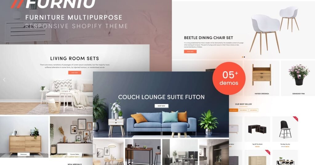 Promotional banner for 'Furnio,' a multipurpose responsive Shopify theme designed for furniture stores. The image showcases various layouts, including sections for living room sets, dining chair sets, and bestsellers. Features highlighted include a modern couch lounge suite and over five demo designs. The visuals emphasize stylish and functional furniture displays.