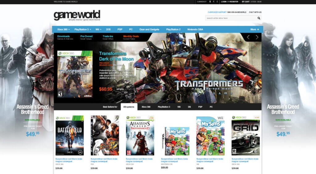 Screenshot of the GameWorld online store website featuring video games for various platforms like Xbox 360, PlayStation 3, Wii, and PC. The homepage highlights games like 'Transformers: Dark of the Moon' and 'Assassin's Creed Brotherhood,' with pricing details and promotional banners. The layout includes a navigation menu, product images, and featured deals.