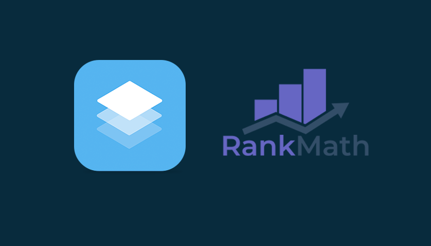 Logo featuring a blue square icon with stacked white layers on the left, and the Rank Math logo on the right, displaying a purple bar graph with an upward arrow and the text 'RankMath' in purple and gray.