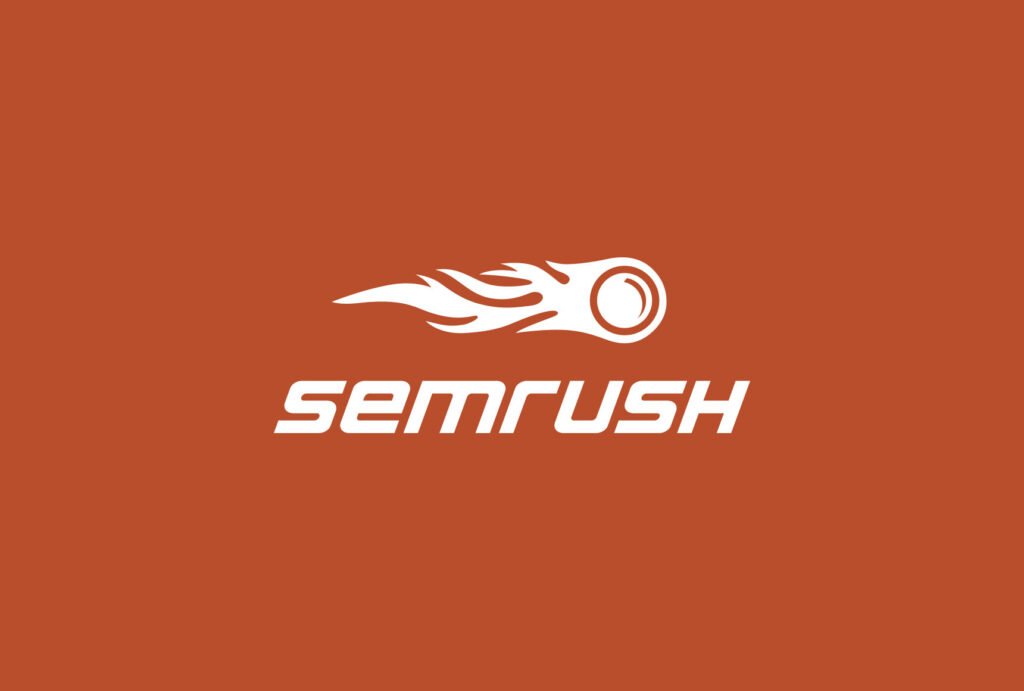 SEMrush logo featuring a white flame-like design and bold text on an orange background.