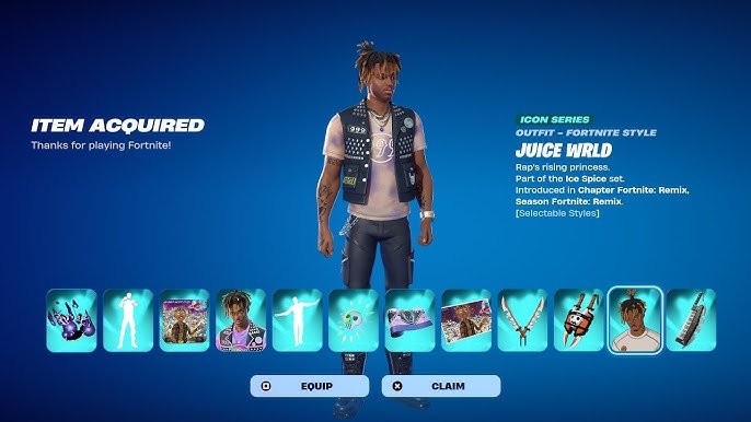 Fortnite Juice WRLD Icon Series skin showcase, featuring customizable styles, accessories, and in-game rewards with a vibrant blue background.