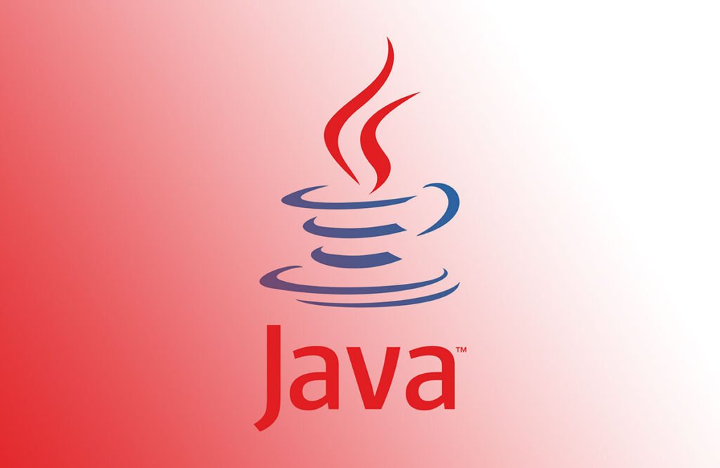 "Java logo with a red and blue coffee cup symbol on a gradient red background, representing the Java programming language."