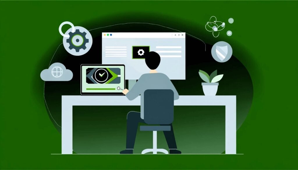 Illustration of a person sitting at a desk using a computer with Nvidia graphics drivers displayed on the screen. The background features a green theme with icons representing settings, cloud computing, and security.