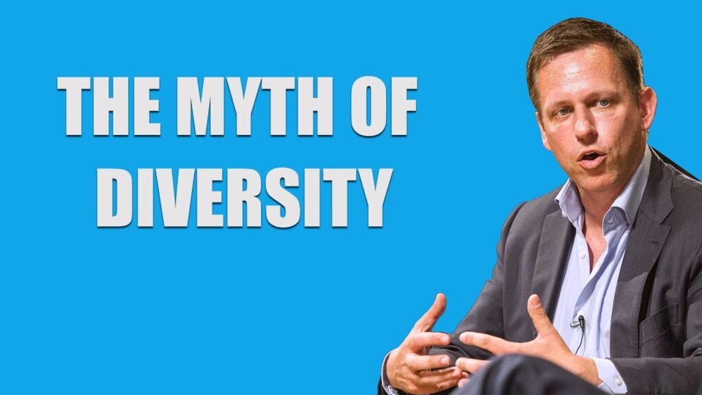 The image features a book cover with the title "The Myth of Diversity" by Peter Thiel.
