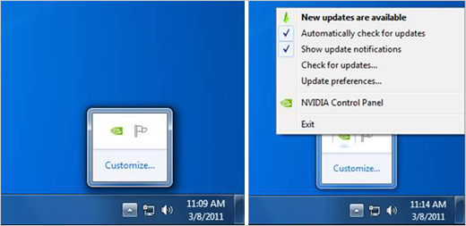 The image shows two screenshots of a Windows desktop. On the left, the system tray displays icons for the volume and sound settings, with a small notification icon indicating a new update is available. On the right, the user has clicked on the notification icon, revealing a pop-up menu with options to automatically check for updates, show update notifications, check for updates manually, open the NVIDIA Control Panel, and exit the update menu