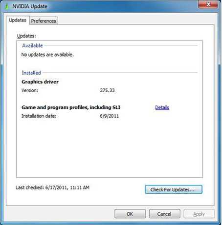 The image shows the "NVIDIA Update" window on a Windows computer. It displays that no updates are currently available for the installed graphics driver, which is version 275.33. The last check for updates was on June 17, 2011 at 11:11 AM.

