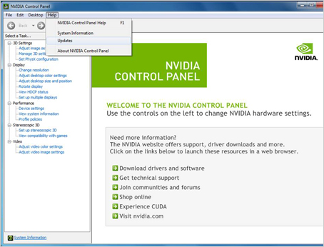 Screenshot of the Nvidia Control Panel interface displaying various settings options on the left panel, such as "3D Settings" and "Display." The main panel contains a welcome message and links to resources like downloading drivers, getting technical support, and visiting Nvidia's website.