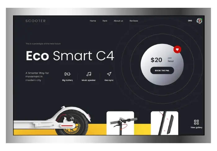 Webpage interface for ‘Eco Smart C4’ electric scooter with dark theme, interactive control, price display, and component images.