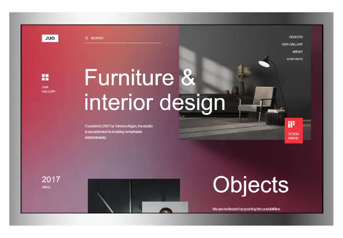 Webpage interface for ‘Furniture & interior design’ company with modern layout, menu options, and images of furniture and interior settings.