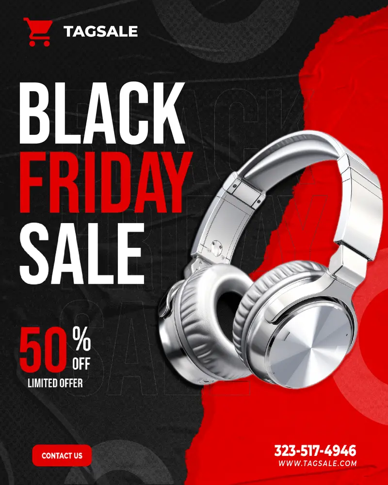 Black Friday Sale advertisement by TAGSALE featuring white over-ear headphones on a black and red background, offering 50% off as a limited offer.