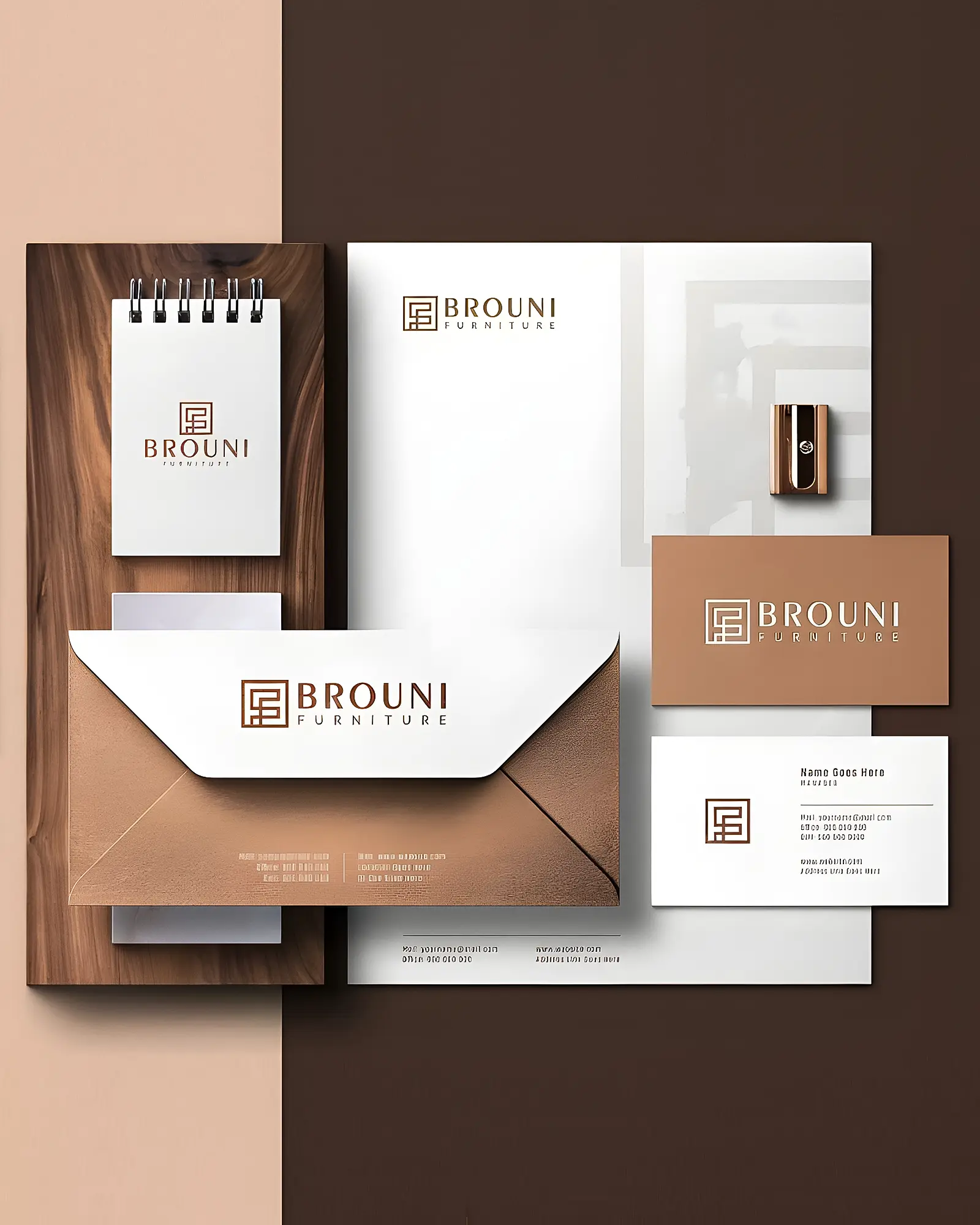 Branded stationery set for BROUNI FURNITURE, including a notepad, envelopes, business cards, and letterheads, featuring a cohesive color scheme of white, brown, and copper tones.