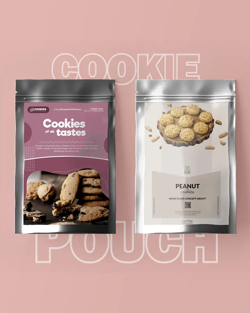 Two GOODNESS branded cookie pouches, one dark with chocolate cookies, one light with peanut cookies, against a pink backdrop.