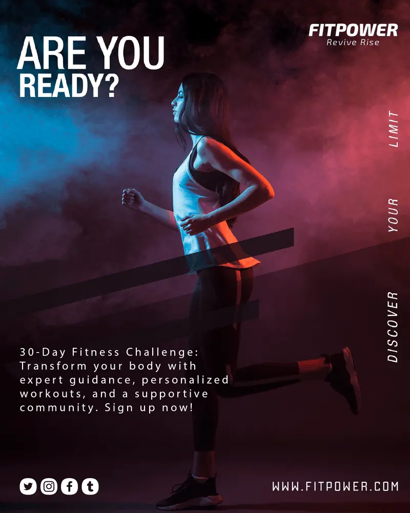 Advertisement for a 30-Day Fitness Challenge by FITPOWER featuring a silhouette of a runner with pixelated head, dark background with blue and pink shades, and text ‘ARE YOU READY?’ and ‘WWW.FITPOWER.COM’.