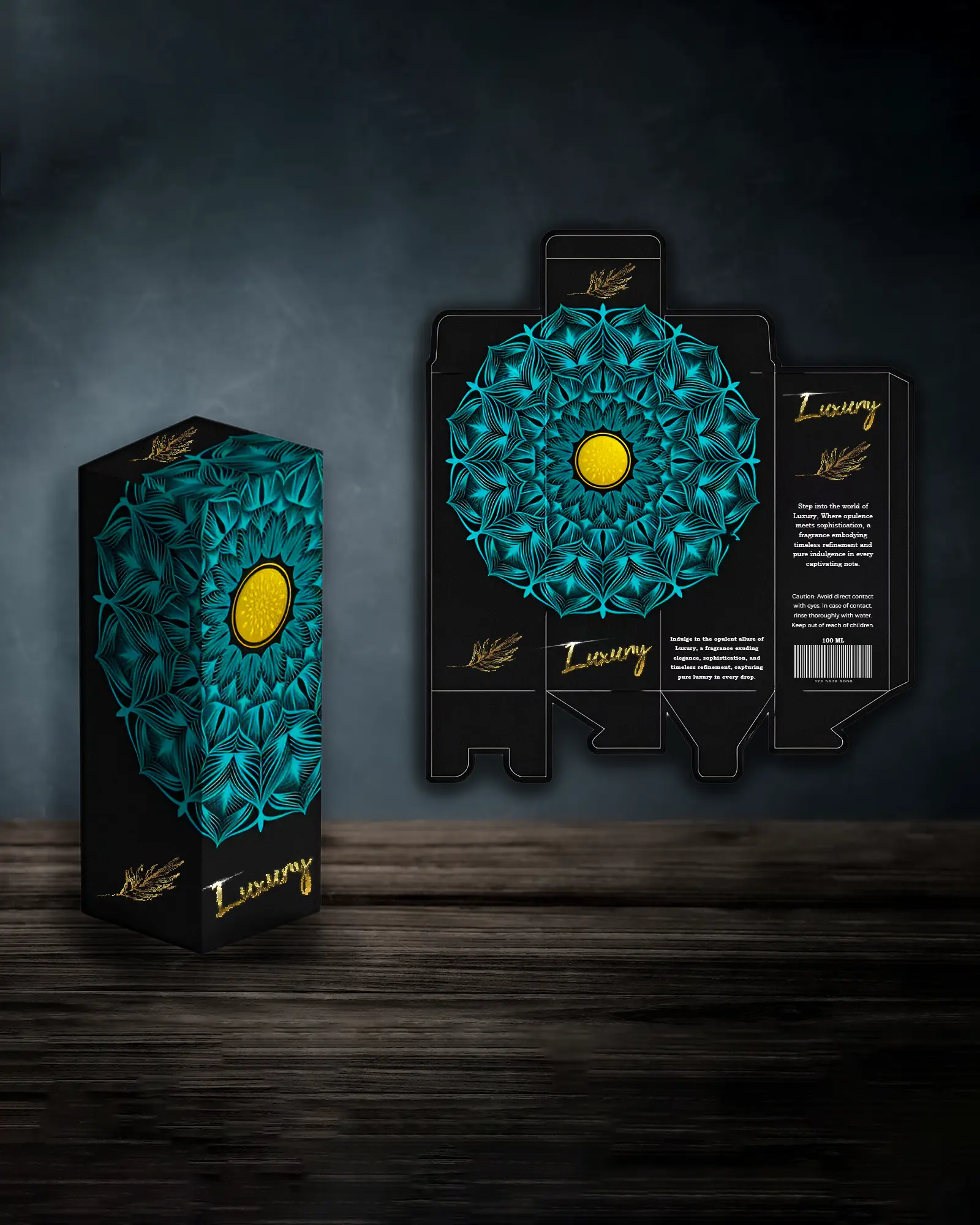 Luxury product packaging design in black with teal geometric patterns and a central yellow motif, alongside a flat layout showing the box’s front, back, and side panels.