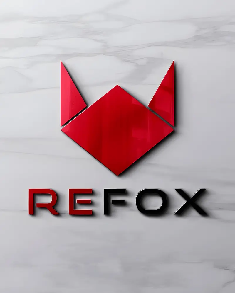 Stylized red fox head logo above the text ‘REFOX’ on a marble background, representing modern and innovative branding.