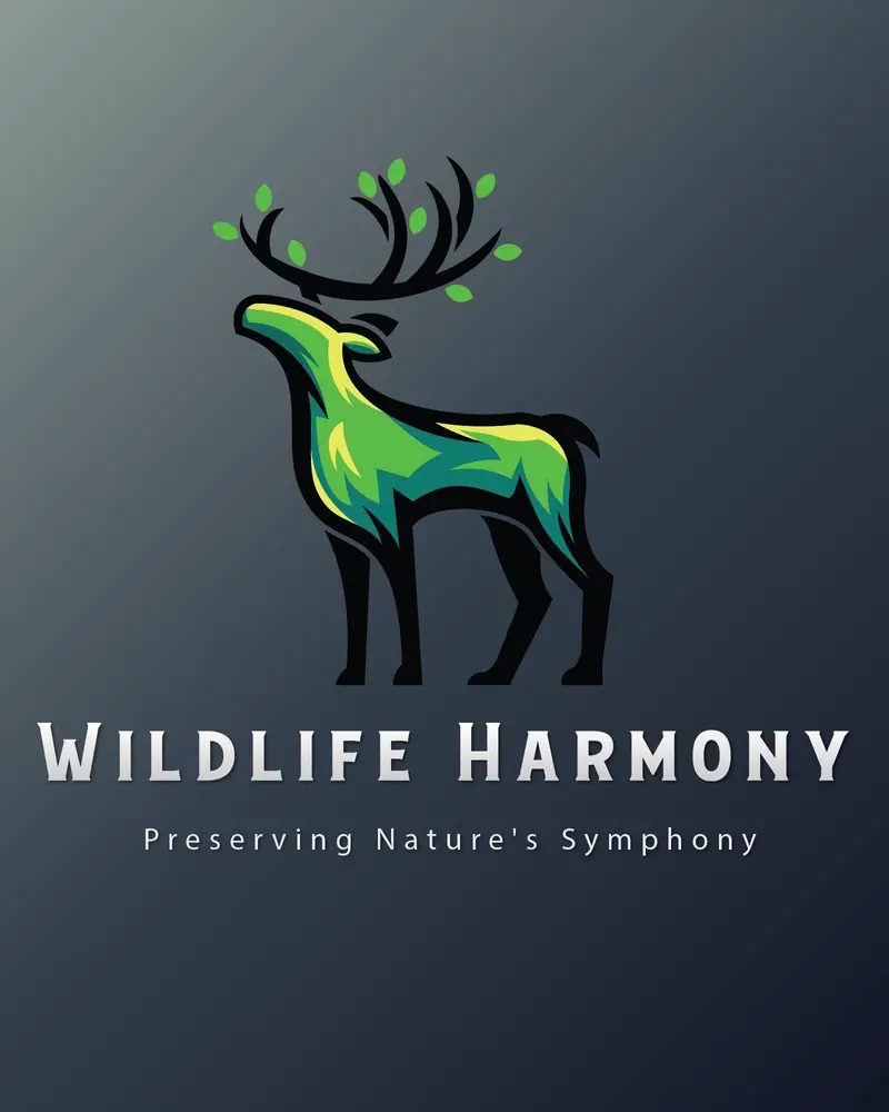 Graphic design of a green deer with antlers resembling tree branches with leaves, and text ‘WILDLIFE HARMONY Preserving Nature’s Symphony’ below, symbolizing environmental conservation.