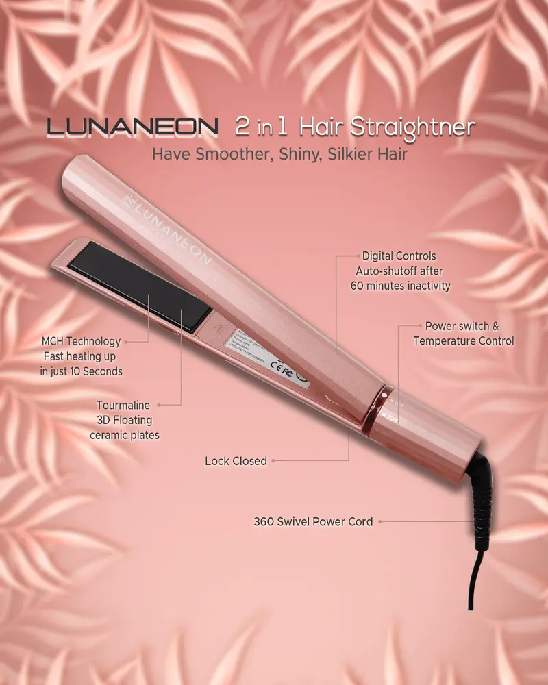 Hair straightener branded ‘LUNANEON’ on a pink background, highlighting features such as digital controls, auto shut-off, temperature control, MCH technology, 3D Tourmaline ceramic plates, lock closed feature, and 360 swivel power cord.