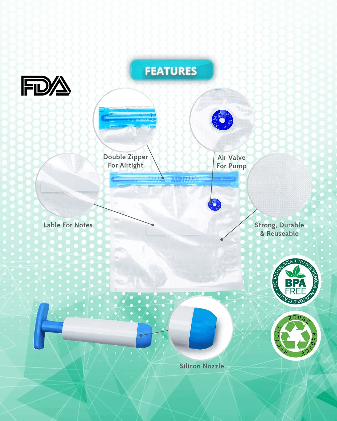 Reusable, durable storage bag with airtight double zipper and air pump for vacuum sealing, labeled as FDA approved and BPA free, against a blue background with dotted lines pointing to features.