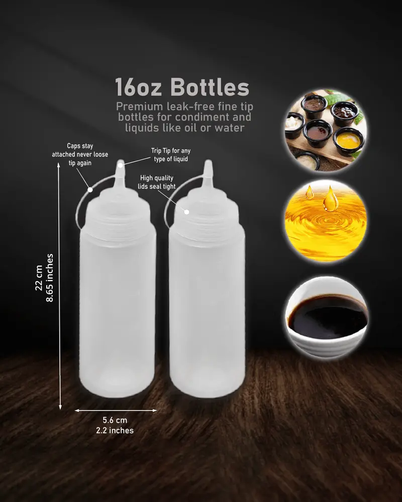 Two 16oz squeeze bottles with premium leak-free fine tips for dispensing liquids like oil or water, one with cap attached by a strap, and the other with cap off, showing the fine tip.