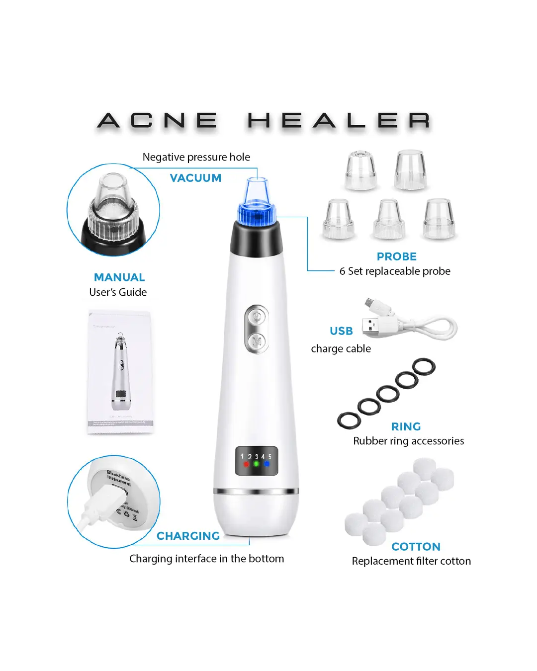 ACNE HEALER handheld electronic device for skincare with digital display, six replaceable probe heads, USB charge cable, rubber rings, and replacement filter cotton.