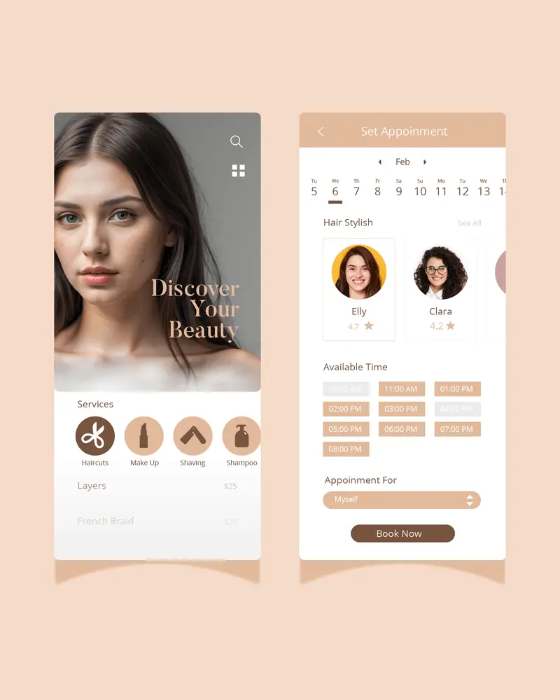 Mobile app interface for a beauty salon showing ‘Discover Your Beauty’ message and appointment booking options for stylists, dates, and services.