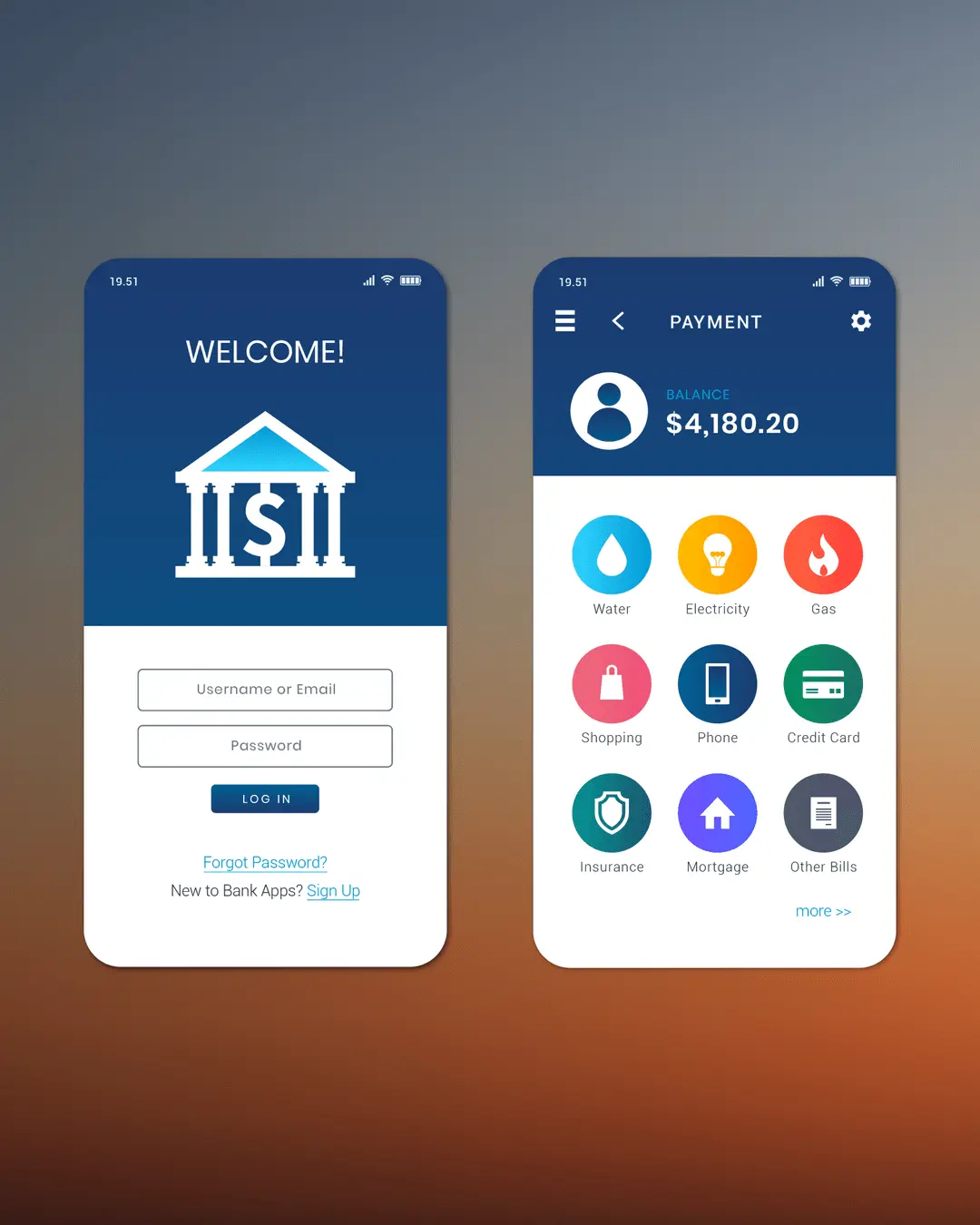 Mobile app interface showing login screen with username and password fields, and payment screen with balance and bill icons.