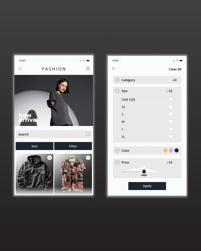 Mobile shopping app interface showing homepage with clothing items and filter menu for categories, sizes, colors, and price range.