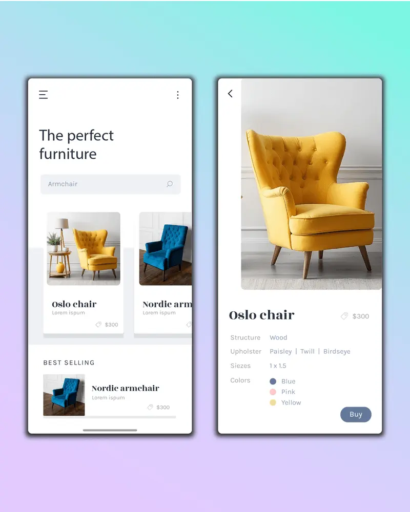 Mobile app interface for a furniture store showing categories for armchairs and sofas, with detailed view of Oslo chair priced at $300.